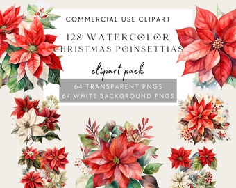 Christmas Poinsettia PNG, Bundle of 128 Watercolor Poinsettia Clipart, Christmas Decor, Digital Download, Card Making, Digital Paper Craft