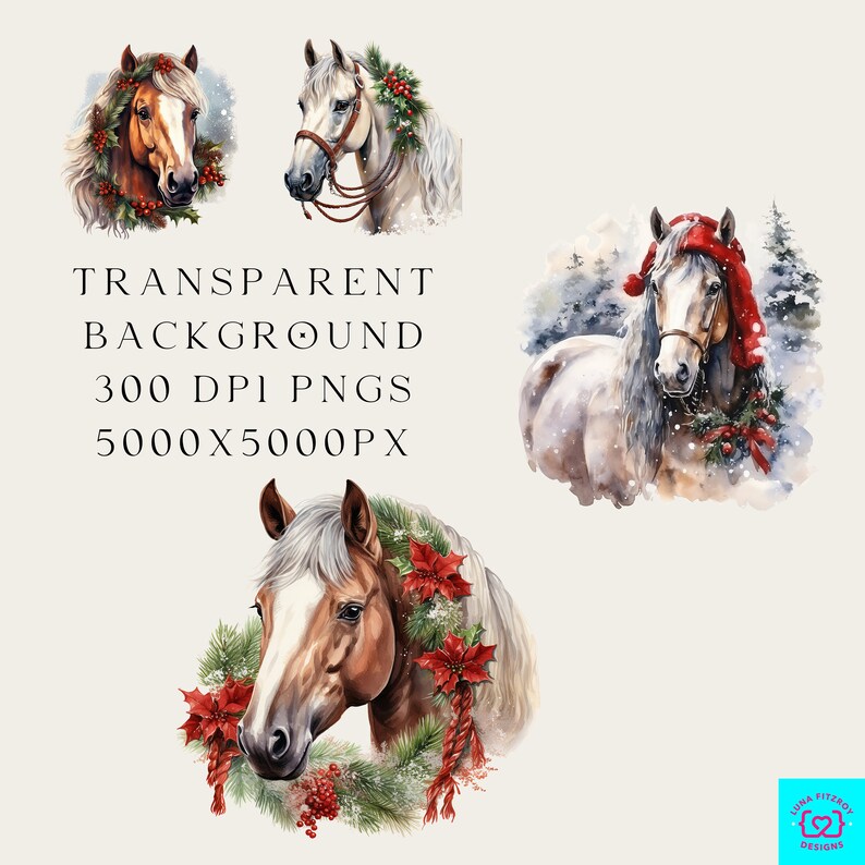 Country Christmas Horse Clipart. Bundle of 128 Watercolor PNG Winter ...