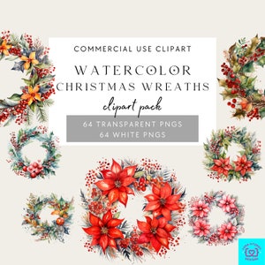 Christmas Wreath Clipart, Clipart Bundle Christmas 128 PNGs, Watercolor Christmas Clipart, Digital Download Card Making, Digital Paper Craft