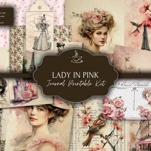Junk Journal Printable Kit, Pink Shabby Chic Vintage Ephemera, Vintage Lady, Pink Roses, Lady in Paris, Romantic Lady