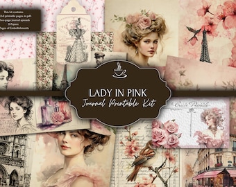 Printable Junk Journal Kit – Pink Shabby Chic, Vintage Lady, Roses, Romantic Ephemera, Instant Download