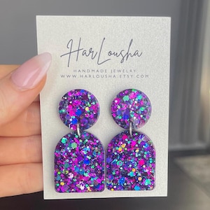 Handmade Purple Glitter Resin Dangle Earrings