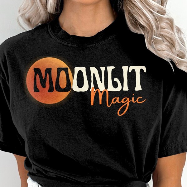 Moonlit Magic Orange Moon Aesthetic T-Shirt, Unique Graphic Tee, Artistic Full Moon Design