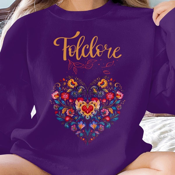 Women's Folklore Heart Pattern Sweatshirt, Floral Print Pullover, Traditional Folk Art Top, Boho Chic Clothing, Ethnic Style Apparel, Cozy