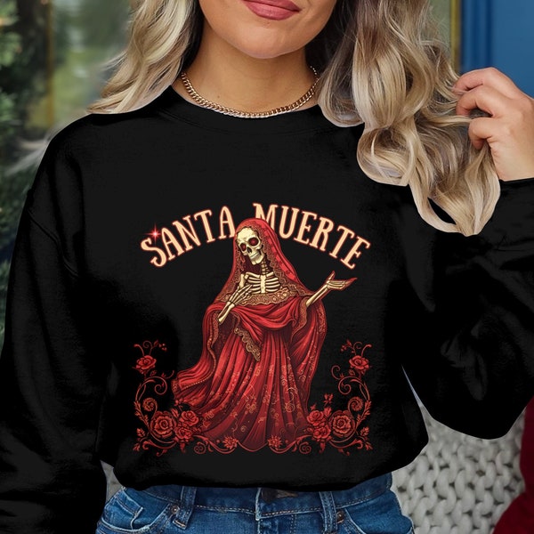 Santa Muerte Graphic Sweatshirt, Red Skeleton Art Pullover, Gothic Streetwear, Unisex Hoodie, Mexican Folklore Inspired Clothing