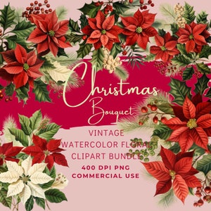Buquê de flores de Natal Pacote PNG de alta resolução com 5 imagens digitais para artesanato, download comercial instantâneo