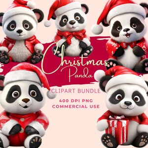 Christmas Panda Paquete de imágenes prediseñadas de alta calidad 5, imágenes PNG digitales de alta resolución, perfecto para la elaboración, descarga comercial instantánea