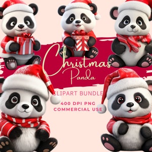 Kerst Panda Clipart bundel 5 digitale PNG-afbeeldingen met hoge resolutie, perfect voor knutselen, instant commerciële download