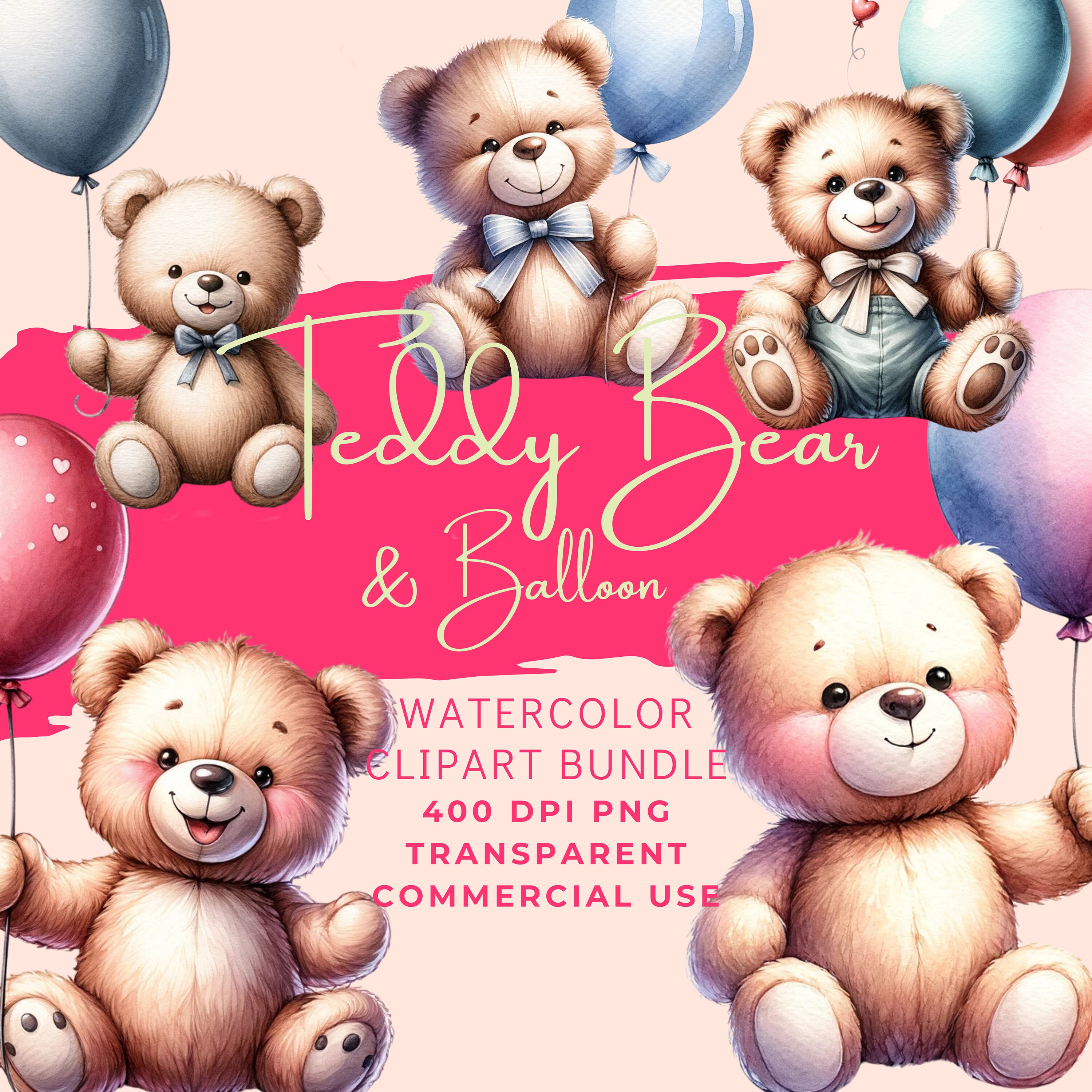 Teddy Bear and Balloon Clipart Bundle, Five High-Resolution PNGs, Transparent Background, Instant Download, Suitable for Commercial Use