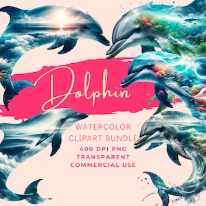 Delfin Clipart Bundle aus fünf digitalen PNG Bildern in hoher Auflösung, transparenter Hintergrund, sofortiger kommerzieller Download