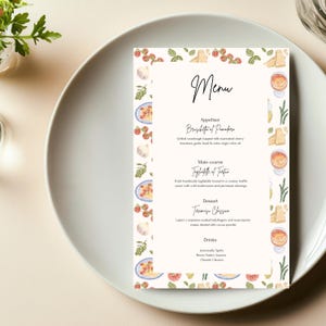 Modèle de menu modifiable de cuisine italienne - Menu en toile rustique avec des illustrations de nourriture dessinées à la main, téléchargement numérique, conception de dîner ludique