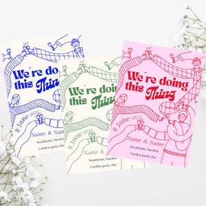 Nous faisions cette chose - modèle Canva Save the Date - illustration de mains alternatives - invitation de mariage amusante modifiable