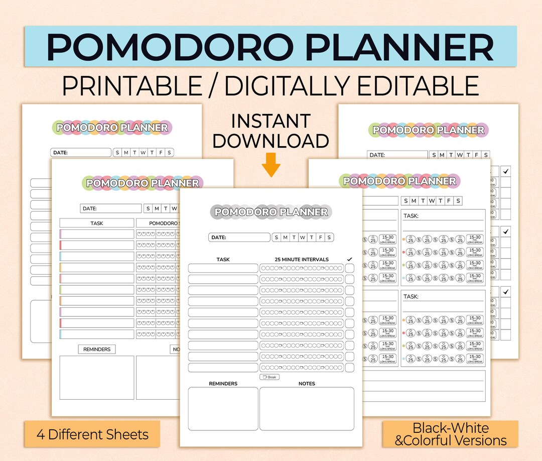 Pomodoro Printable Planner Printable Editable Instant - Etsy