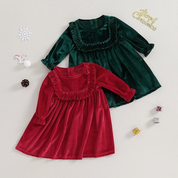 Toddler Girl Red Green Velvet Dress - Long Sleeve Princess Dress - Velvet Dress - Fall Dress - Baby Girl Clothes - Baby Girl Autumn Dress