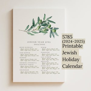 Printable Jewish Holiday Calendar Year 5785, Hebrew Calendar 2024-2025, Judaica, Digital Download, Modern Jewish Home Decor, Olive Branch