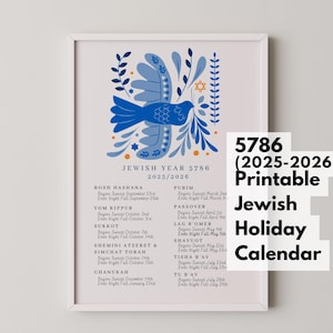 Printable Jewish Holiday Calendar Year 5786, Hebrew Calendar 2025-2026, Biblical Holidays, Modern Jewish Home Decor, Blue + White