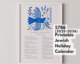 Printable Jewish Holiday Calendar Year 5786, Hebrew Calendar 2025-2026, Biblical Holidays, Modern Jewish Home Decor, Blue + White