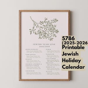 Printable Jewish Holiday Calendar Year 5786, Hebrew Calendar 2025-2026, Biblical Holidays, Modern Jewish Home Decor, Olive Branch