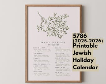 Printable Jewish Holiday Calendar Year 5786, Hebrew Calendar 2025-2026, Biblical Holidays, Modern Jewish Home Decor, Olive Branch