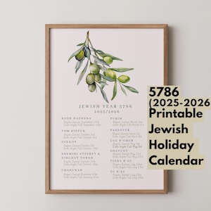 Printable Jewish Holiday Calendar Year 5786, Hebrew Calendar 2025-2026, Biblical Holidays, Modern Jewish Home Decor, Olive Branch