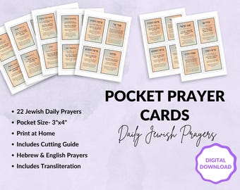 Dagelijkse Joodse gebedskaarten, Hebreeuws met Nikkud, Engelse en Hebreeuwse transcriptie, afdrukbare pocketgebedskaarten, 22 Joodse zegeningen