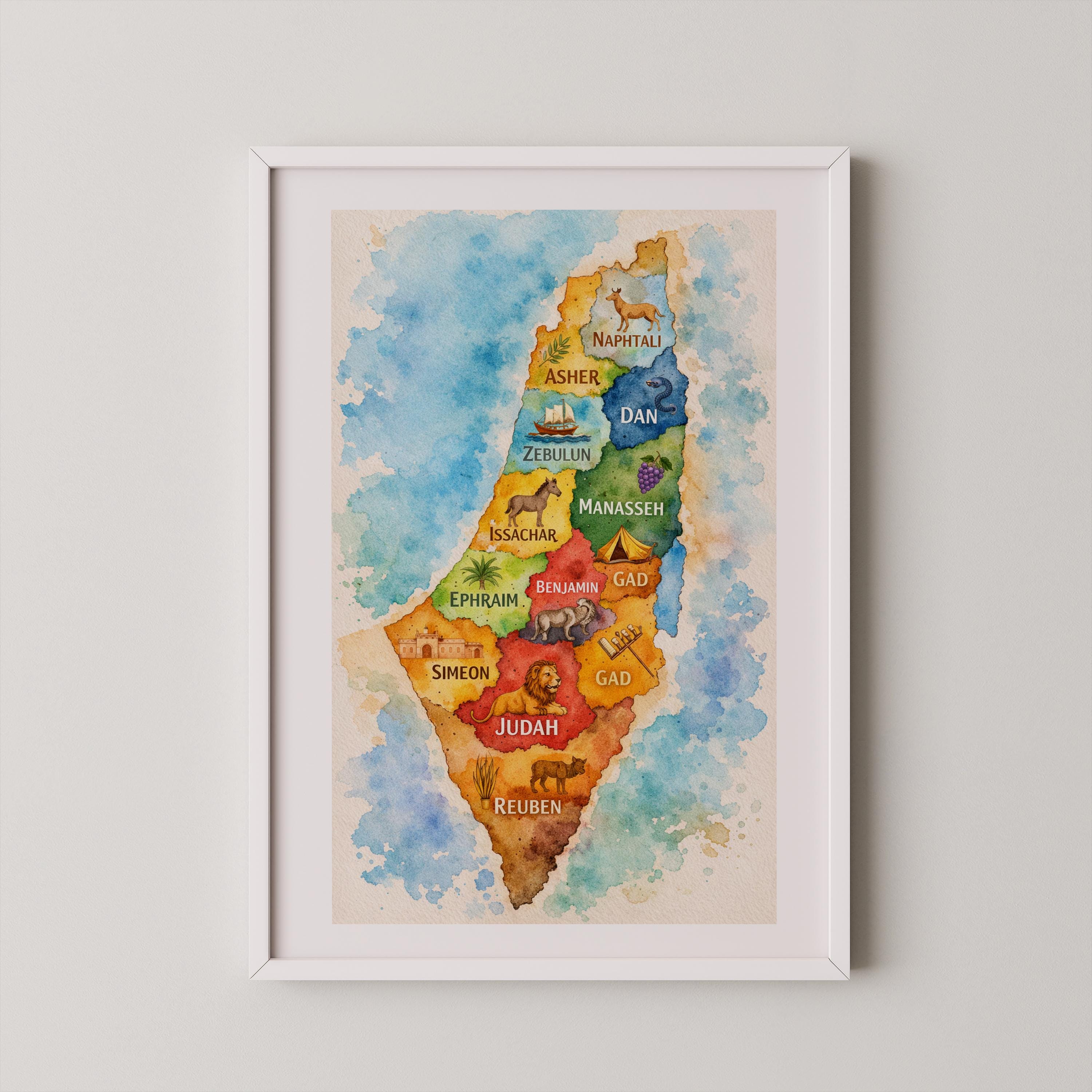 イスラエル12部族の地図 水彩画 | 聖書に登場するイスラエルのイラスト