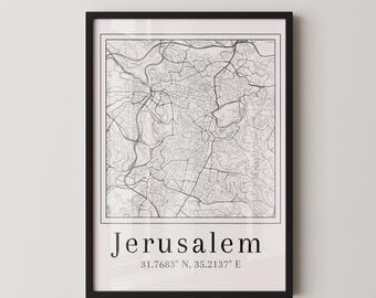 Jerusalem Israel City Map, Printable Jerusalem Map Poster, Black and White Minimalist, PDF, Street Map, ירושלים ישראל