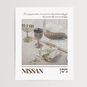 May include: A vintage-style image of a Passover Seder plate with a silver menorah, a glass of wine, matzah, and a shofar. The text "NISSAN" and "ניסן" are displayed below the image.