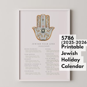 Printable Jewish Holiday Calendar Year 5786, Hebrew Calendar 2025-2026, Biblical Holidays, Modern Jewish Home Decor