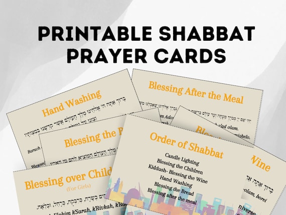 Printable Shabbat Prayer Cards, Friday Night Jewish Prayer, Jerusalem,Shabbat Dinner Prayers Flashcards, Hebrew, English, Transliterated