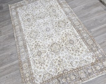 Handgjord turkisk ullmatta: Vit, bleknad Oushak, liten matta (9,1 x 19,7 m)