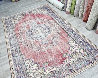 Handmade Turkish Oushak Rug: Vintage Red Wool Rug (6'1 x 9'9)