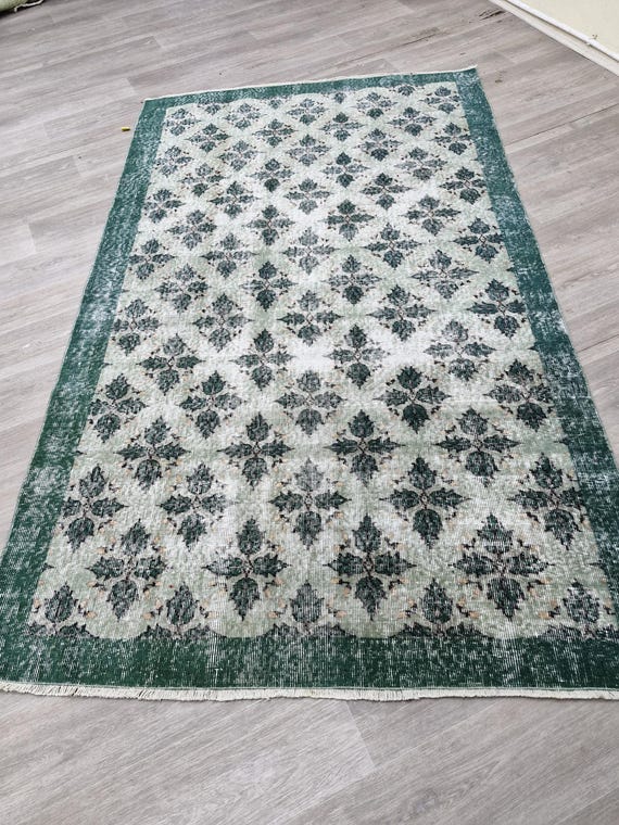 ハンドメイドグリーントルコラグ：ヴィンテージ ウシャック ボヘミアン