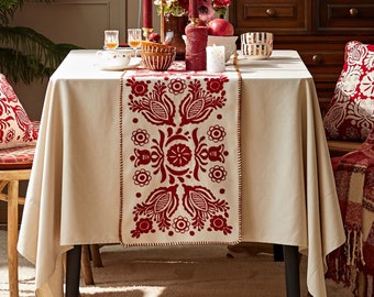 Embroidered Floral Pattern Table Runner Oriental Style Double-Sided Tweed Table Runner Red Elegant Table Runner Custom Size Table Decor