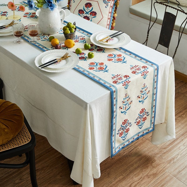 Chemin de table en lin floral blanc bleu, chemin de table de style français rustique, taille personnalisée, table basse, décoration de salon