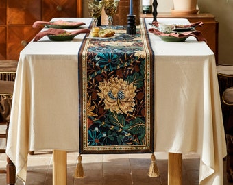 Chemin de table en chenille William Morris, style français rétro, motif floral, chemin de table élégant printemps-été, taille personnalisée