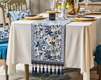 Flower Table Runner Blue and Pearl White Porcelain Table Runners Linen Fabric TV Cabinet Dining Table Coffee Table Decor Summer Spring