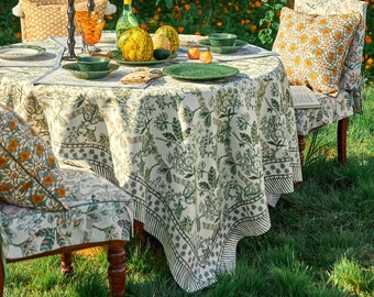 Green Floral Pattern Tablecloth, Waterproof Tablecloth, Custom Size, French Farmhouse Style Table Cover, Living Room Decor, Summer Decor