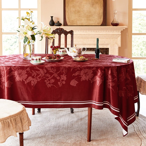 Farmhouse Style Velvet Tablecloth Retro Floral Elegance Table Cover Red Rose Pattern Square Rectangular Waterproof Custom Holiday