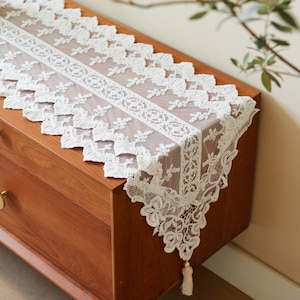 White Lace Table Runner, Rustic French Style, Custom Size Table Runner with tassel, Floral Embroidery Table Runner, Dining Table Decor