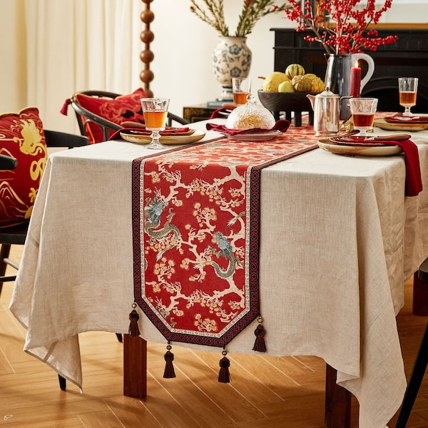 Chemin de table à motifs dragon de style oriental Chemins de table animaux avec glands fait main cadre de table coloré décor cadeau vacances personnalisé