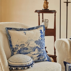 Blue Porcelain Pillow Cover, Chinoiserie Landscape Cushion, Double Sided Chenille