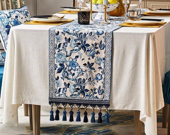 Retro Porcelain-Style Blue Floral Linen Table Runner with Tassel Accents