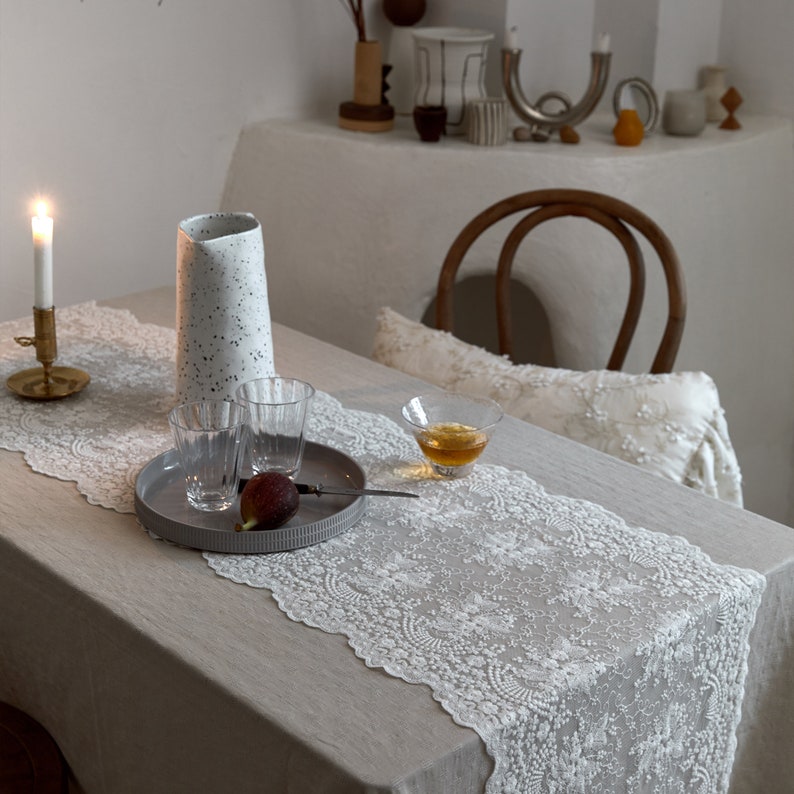 White Lace Table Runner with Floral Embroidery Handmade Dining Table Decor Personalized Wedding Gift Custom Home Accessory Elegance Decor image 9