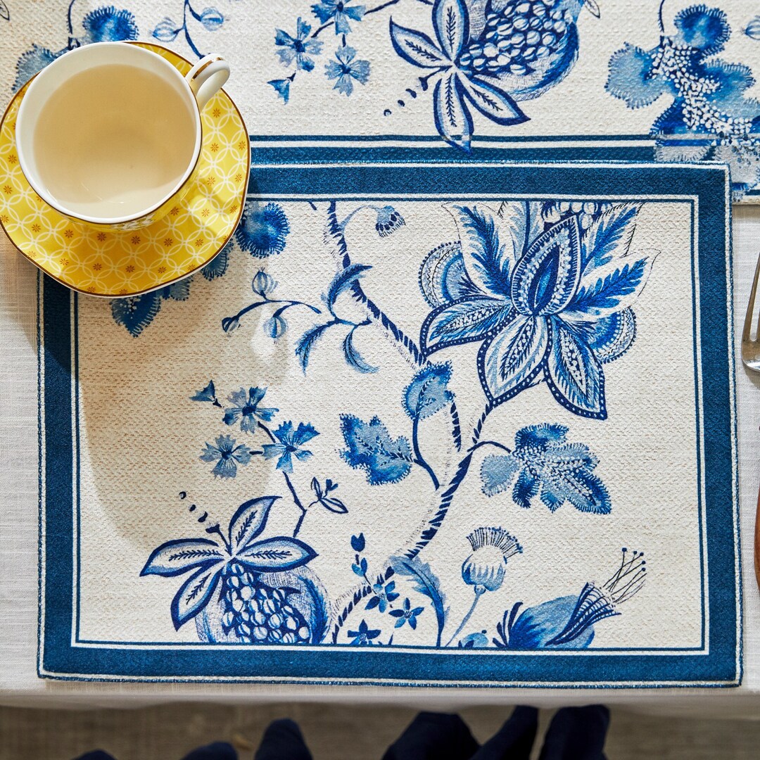 Blue Floral Table Placemats Retro Style Waterproof Table Etsy
