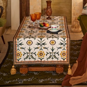 Può includere: Un runner da tavolo bianco con un motivo floreale verde e giallo. Il runner ha un bordo marrone e arancione con nappe su ogni estremità. Il runner è su un tavolo di legno con un libro e una tazza in cima.