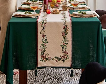 Red and Green Holly Berry Table Runner, Tassel Dining Decor, Custom Size
