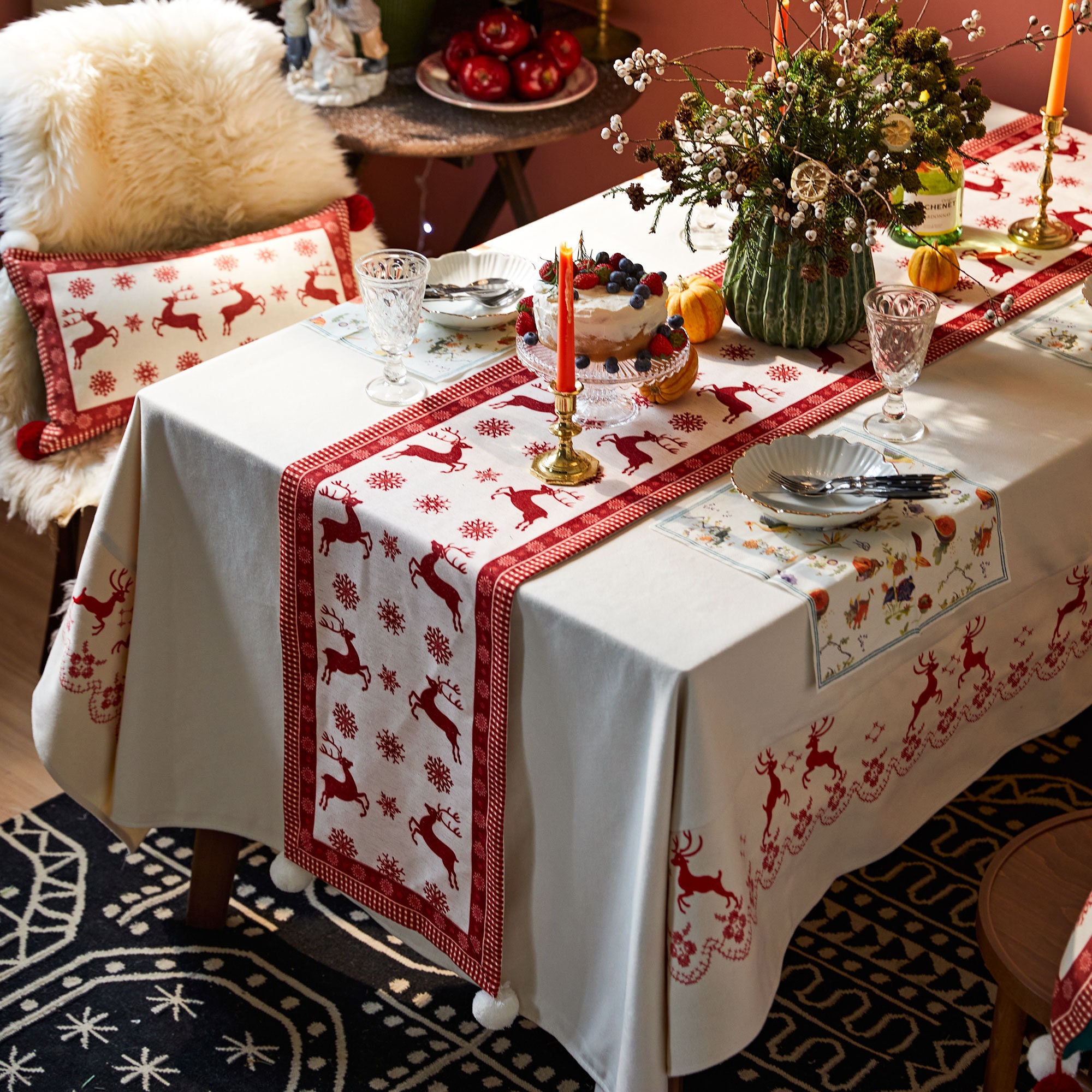 Christmas Table Runner Red, FUKPO Christmas Table Runners For Dinner Party Home Table Decoration, Cotton Linen Long Xmas Table Runner With Snowflake