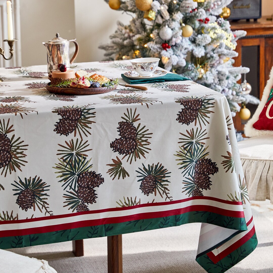 Christmas Tablecloth Pinecones Pattern Table Cover Waterproof Velvet