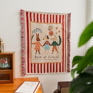 Woven Wall Tapestry, Fringed Fabric Wall Hanging, Vintage Animal Textile Art, Nursery and Bedroom Decor, Cottagecore Wall Decor